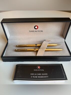 SHEAFFER Set Made in USA Gold Pen & Mechanical Pencil Engraved Pattern Boxed